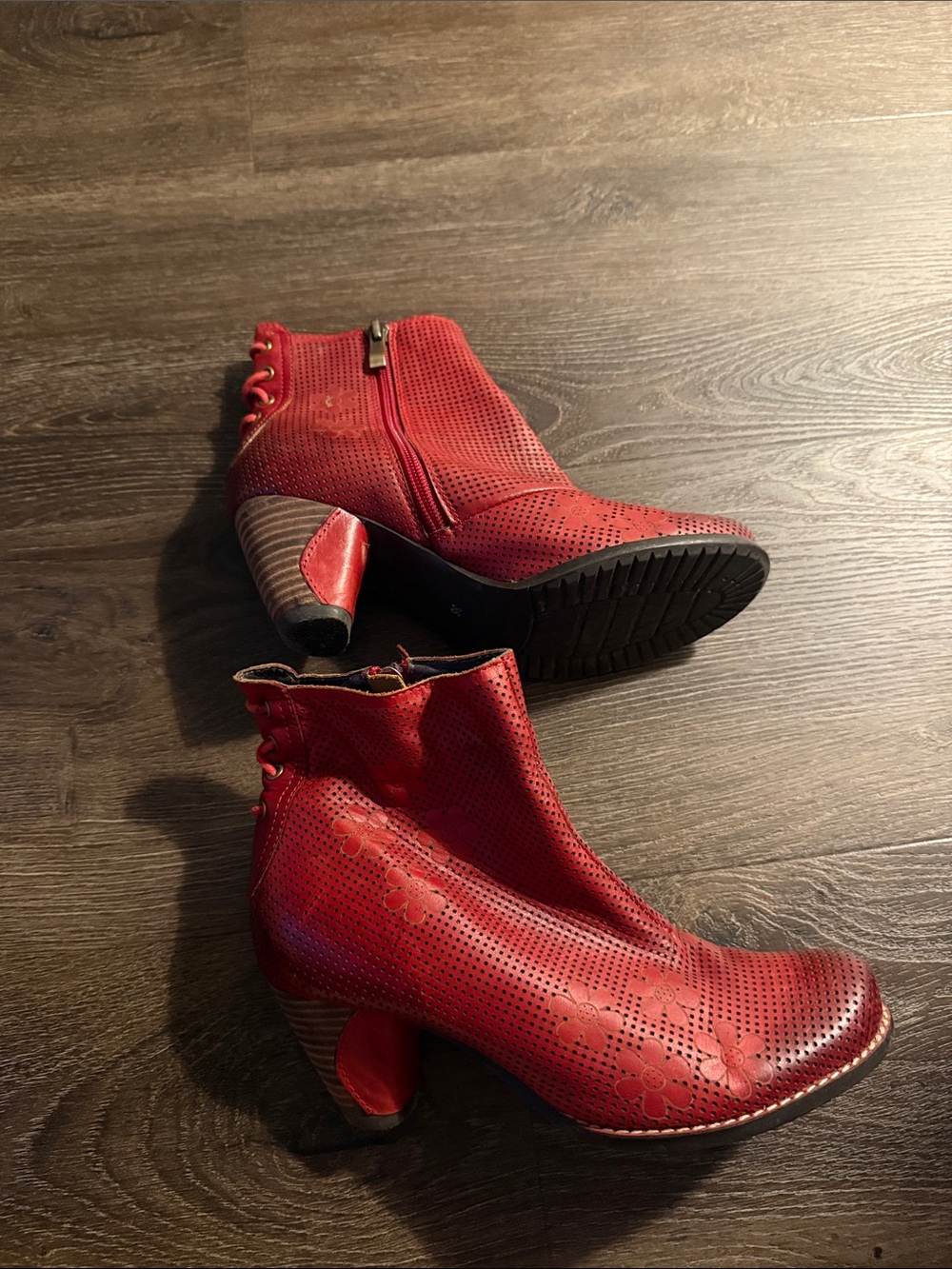 Red Perforated leather Floral Ankle Booties with Stacked Heel